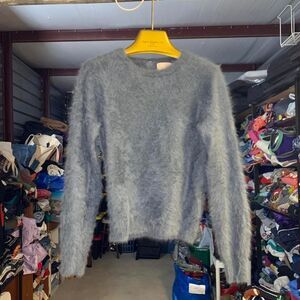 Neiman Marcus Blue Rabbit Hair Fur Size Large Knit Sweater Pullover Soft